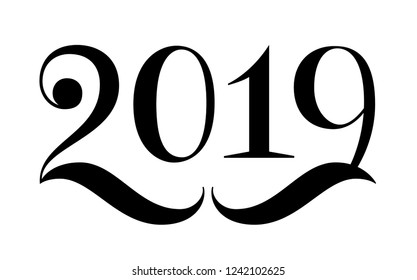 2019 classic typography symmetrical lettering with bold swashes. Numbers two and nine swashes form a moustache. Antiqua font with dot and flamelike elements.