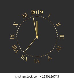 2019 clock. Round retro clock with Roman numbers. Couple minutes untill New Year 2019.