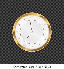 2019 clock. Round retro clock with Roman numbers. Couple minutes untill New Year 2019.