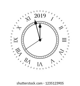 2019 clock. Round retro clock with Roman numbers, and 2019 midnight numbers.