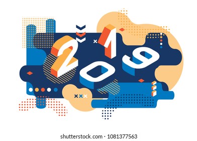 2019 Colored  Memphis style.  Banner with 2019 Numbers. Vector New Year illustration.