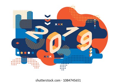 2019 Colored Memphis style. Banner with 2019 Numbers. Vector New Year illustration.