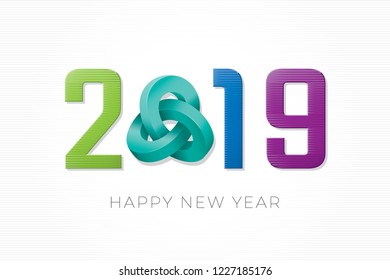 2019 Colored Numerals Logo with Authentic Triple Mobius Loop Impossible Figure and Happy New Year Lettering - Multicolor Elements on White Striped Background - Vector Gradient Graphic Design