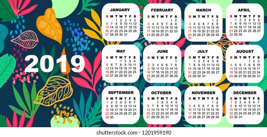 2019 colorful calendar. Simple template on tropical background. Trendy stationery design. Blue, red, yellow.