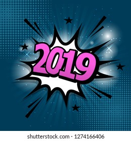 2019 comic text speech bubble on blue background, stock vector