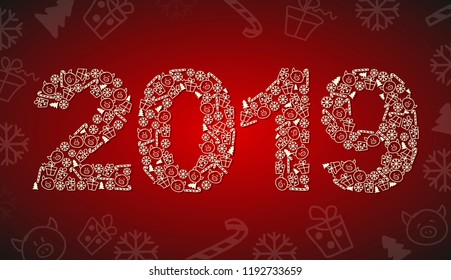 2019 complex composed of pigs and New Year's candy red