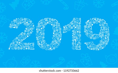 2019 complex composed of pigs and New Year's candy blue 