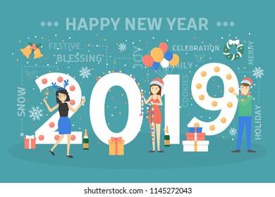 2019 concept. Creative decoration and celebration. Merry Christmas and happy New Year. Gorup of happy people celebrate with gifts and champagne. Flat vector illustration