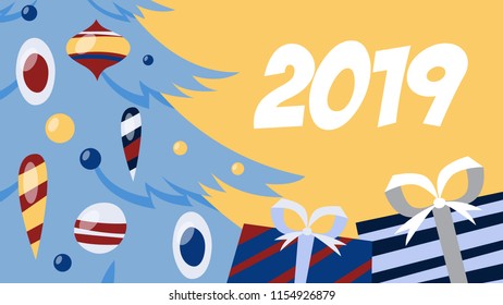 2019 concept. Creative decoration and celebration. Merry Christmas and happy New Year. Celebrating with gifts and champagne. Flat vector illustration