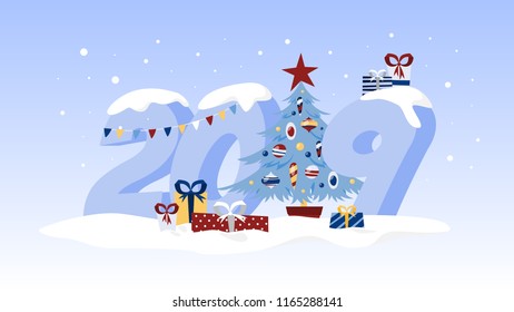2019 concept. Creative decoration and celebration. Merry Christmas and happy New Year. Gifts and christmas tree in front of numbers. Flat vector illustration