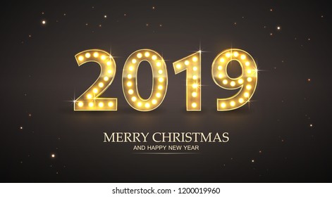 2019 Count Numbers For Greeting Card Merry Christmas and Happy New Year. Shine and Light Bulb For Design Vector.