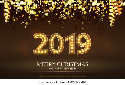 2019 Count Numbers For Greeting Card Merry Christmas and Happy New Year. Shine and Light Bulb For Design Vector.