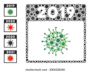 2019 covid calendar day virus mosaic icon. 2019 covid calendar day collage is composed of scattered coronavirus pictograms. Bonus pictograms are added. Flat style.