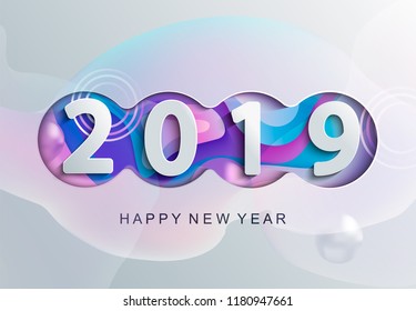 2019 Creative happy new year card in paper style for your seasonal holidays flyers, greetings and invitations cards and christmas themed congratulations and banners. Vector illustration.