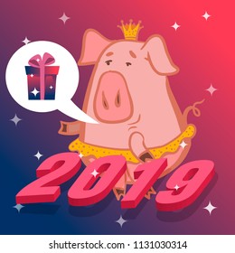 2019 Cute funny pig. Happy New Year. Chinese symbol of the 2019 year. Excellent festive gift card. Vector illustration on blue background.