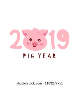 2019 with cute smiling happy funny pig face. The year of the pig. Merry Christmas and Happy 2019 New Year concept.  Vector flat cartoon character illustration icon. Isolated on white background