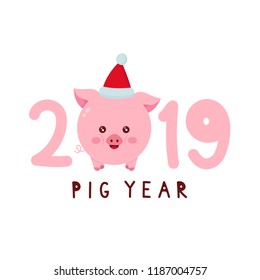 2019 with cute smiling happy funny pig face. The year of the pig. Merry Christmas and Happy 2019 New Year concept.  Vector flat cartoon character illustration icon. Isolated on white background