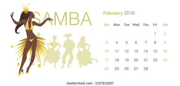 2019 Dance Calendar. February. Beautiful girl dancing samba and group of dancers on the background