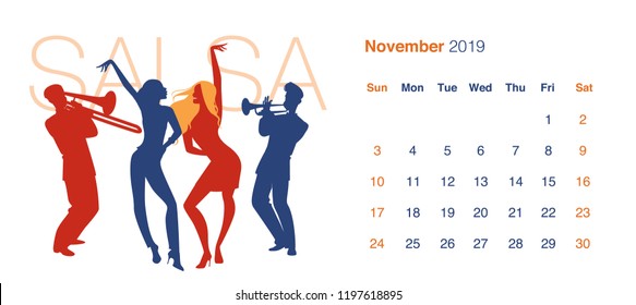 2019 Dance Calendar. November. Silhouettes of two girls dancing salsa to the rhythm of a trumpeter and a trombonist, isolated on white background