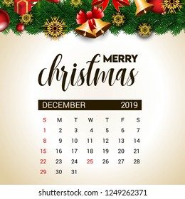 2019 December calendar design template of Christmas or New Year decoration