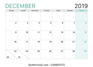 2019 December calendar or desk planner weeks start on Monday, plain white and light green theme