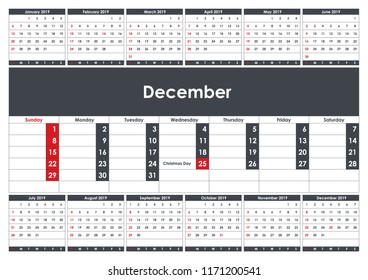2019 December Calendar Planner. Business Planner Template. A3 size. Stationery Design. Week starts Sunday. 