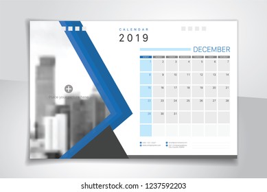 2019 December illustration vector desk calendar weeks start on Sunday, blue and white theme with space for your picture