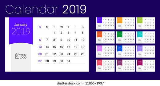 2019 Desk Calendar. Simple Colorful Gradient minimal elegant desk calendar template