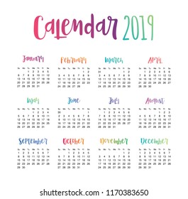 2019 Desk Calendar template. Simple Colorful minimal elegant desk calendar.