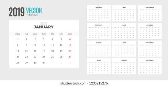 2019 desk calendar. Vector empty white template ready for print without background for table. Week starts Monday.