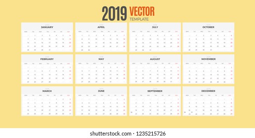 2019 desk calendar. Vector empty white template ready for print without background for table. Week starts Monday.
