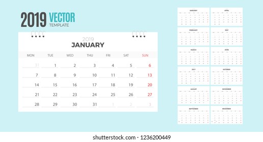 2019 desk calendar. Vector empty white template ready for print without background for table. Week starts Monday.