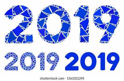 2019 digits text composition of bumpy pieces in variable sizes and color hues, based on 2019 digits text icon. Vector bumpy dots are united into collage. 2019 digits texts collage with dotted pattern.