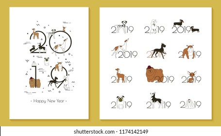 2019 dog calendar, Creative headline and 12 logos with different breeds of dogs. Minimal, Sketch style, Isolated on white background, Vector illustration