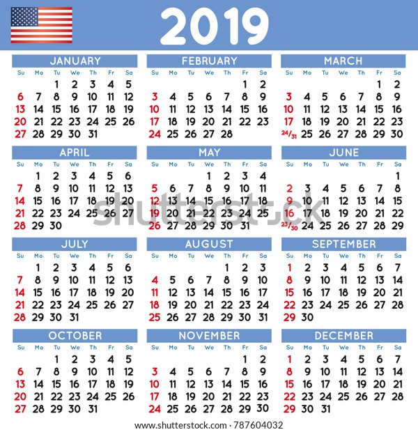 2019 Elegant Squared Calendar English Usa Stock Vector (Royalty Free ...