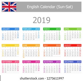 2019 English Type-1 Calendar Sun-Sat on white background