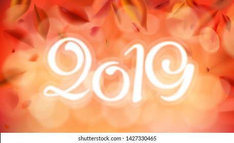 2019 Fall background with blurred flying red leaves, autumn nature vector illustration
