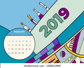 2019 February Calendar Abstract Contemporary Art Stock Vector (Royalty