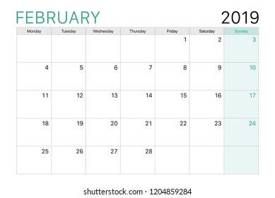 2019 February Calendar Or Desk Planner Weeks Start On Monday, Plain White And Light Green Theme