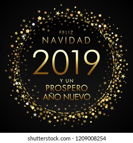 2019, Feliz Navidad Spanish greetings, translate: Merry Christmas and Happy New Year. Holidays xmas golden glitter background, gold shape isolated digits. Isolated numbers 2020, 2021, 2022 template.