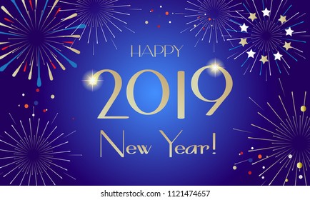 2019 Fireworks festival pattern with decorative elements, stars, ball, abstract holiday shiny starburst background, vector template, happy new year event invitation, card, ticket, banner, set, design