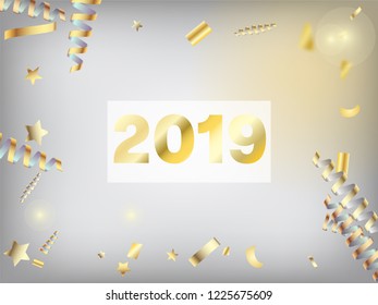 2019 Fireworks Glitter Confetti Card Background. Horizontal Fairy Stardust Background. Cool Platinum Christmas, New Year, Birthday Party Holiday Frame. Gold Fireworks Glitter Confetti