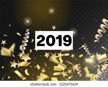 2019 Fireworks Glitter Confetti Card Background. Horizontal Magic Particles Background. Cool Sparkling Christmas, New Year, Birthday Party Holiday Banner. Gold Fireworks Glitter Confetti