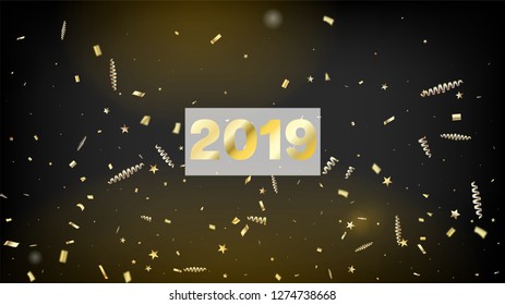 2019 Fireworks Glitter Confetti Card Background. Cool Premium Christmas, New Year, Birthday Party Holiday Frame. Horizontal Stars Streamers Background. Gold Fireworks Glitter Confetti