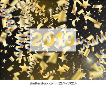 2019 Fireworks Glitter Confetti Card Background. Horizontal Stars Bokeh Background. Cool Premium Christmas, New Year, Birthday Party Holiday Banner. Gold Fireworks Glitter Confetti