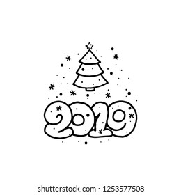 2019. Freehand drawing 
black on white background. Lettering. Vector