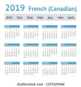 2019 French American Calendar (Canadian). A week starts on Sunday