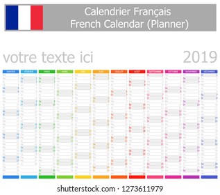 2019 French Planner Calendar With Vertical Months On White Background