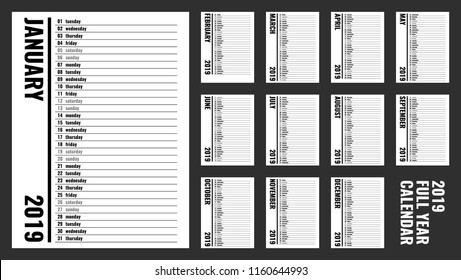 2019 full year calendar, vertical personal organizer template