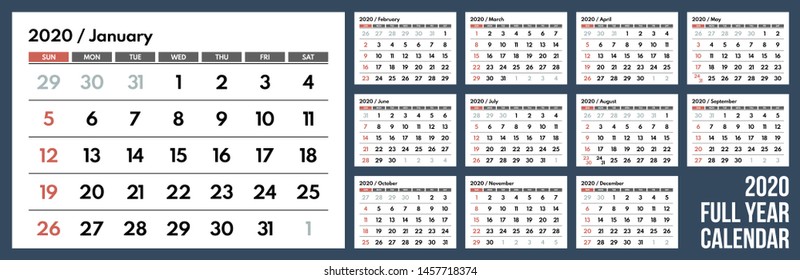 2019 full year wall calendar, starts sunday